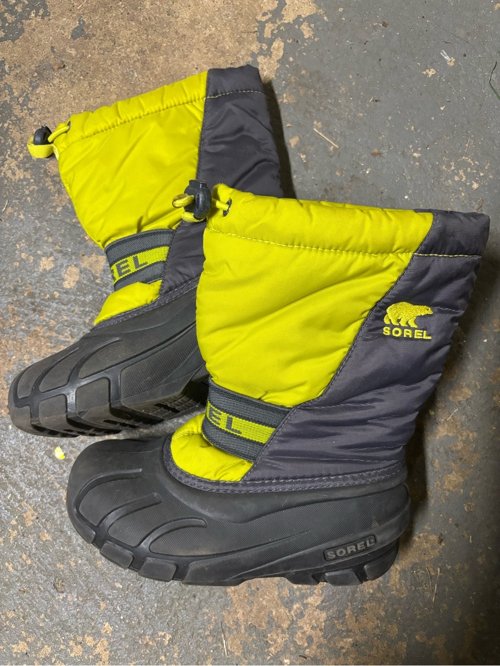 Kids Sz 1 Sorel Winter Snow Boots Lime Green Black Waterproof Removable Liners
